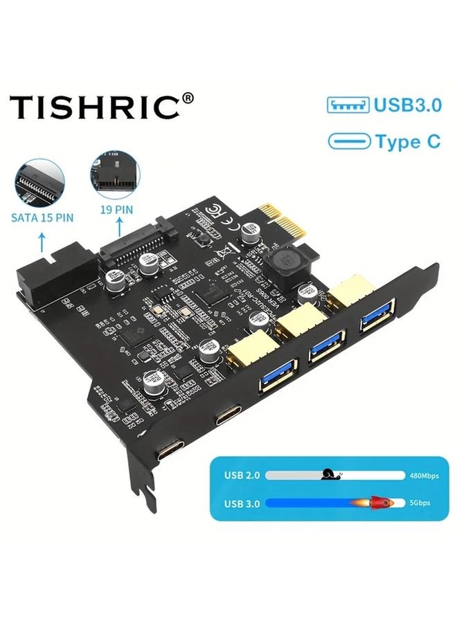 بطاقة توسعة PCIe USB سوداء 1X إلى Type E مع 3 منافذ USB 3.0 و 2 منفذ Type C، مزودة بمصدر طاقة مزدوج USB 3.2 الجيل الثاني بسرعة 5 جيجابت في الثانية، وتعمل بطاقة SATA لأجهزة الكمبيوتر المكتبية. - Image 1